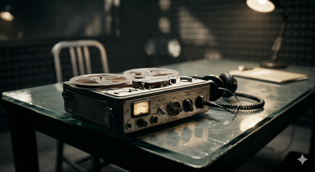 Close-up of recording device, representing Miranda statement analysis in a defense review.