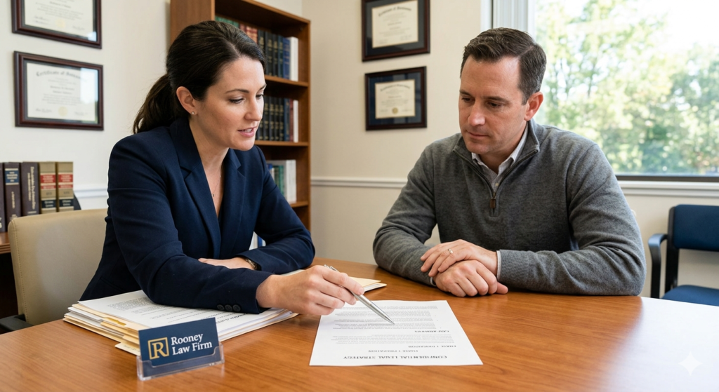 A professional legal consultation at the Rooney Law Firm, representing the shift from a legal crisis to a structured defense strategy.
