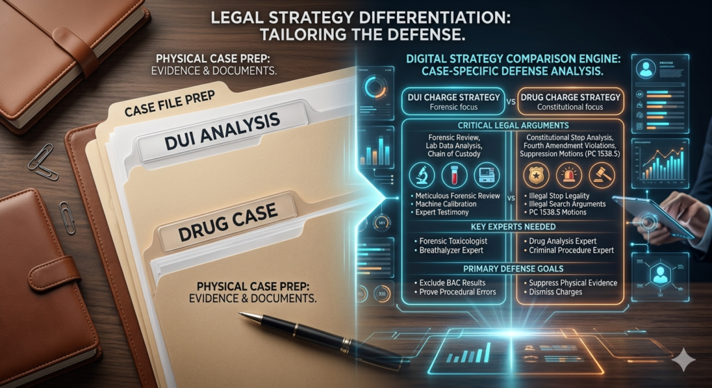 Comparison graphic showing how defense strategy adapts by charge type (DUI, Drugs, Sex Offenses).