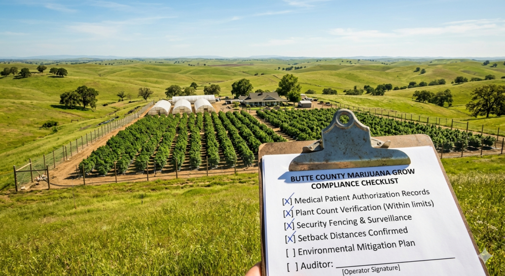 A legal compliance checklist overlooking a Northern California landscape, representing the defense of authorized medical marijuana grows.