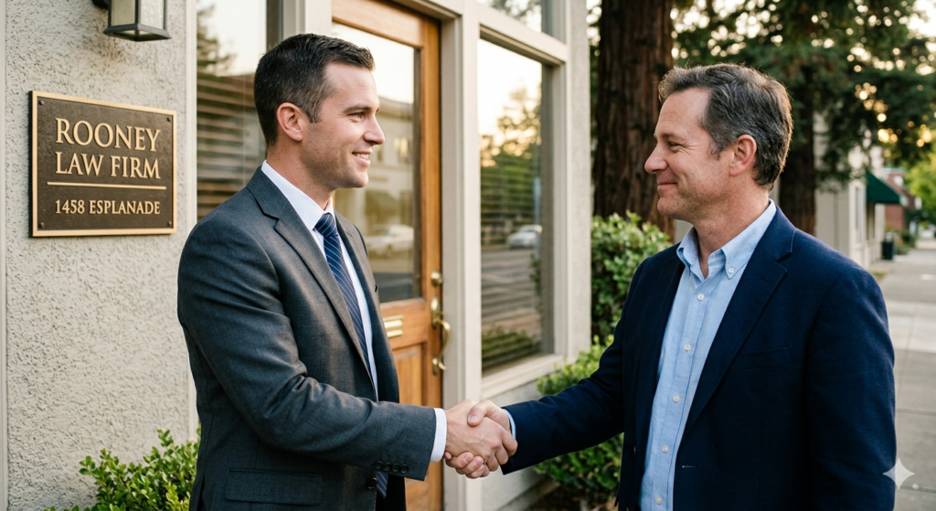 A handshake between a Rooney Law Firm attorney and a client, signifying the relief and success of a resolved drug charge.