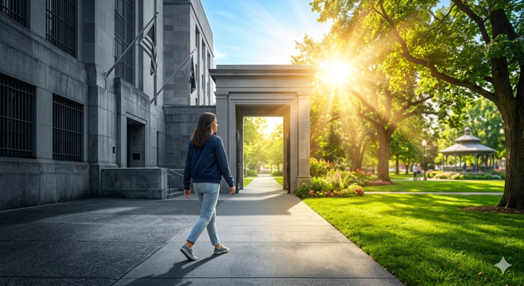 A person walking toward a bright, green landscape, symbolizing a successful diversion outcome and a future free from incarceration.