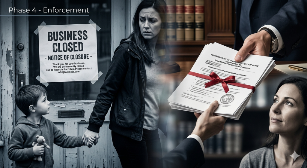 An attorney handing a court order to a parent, representing the security and enforcement of child support payments in Butte County.