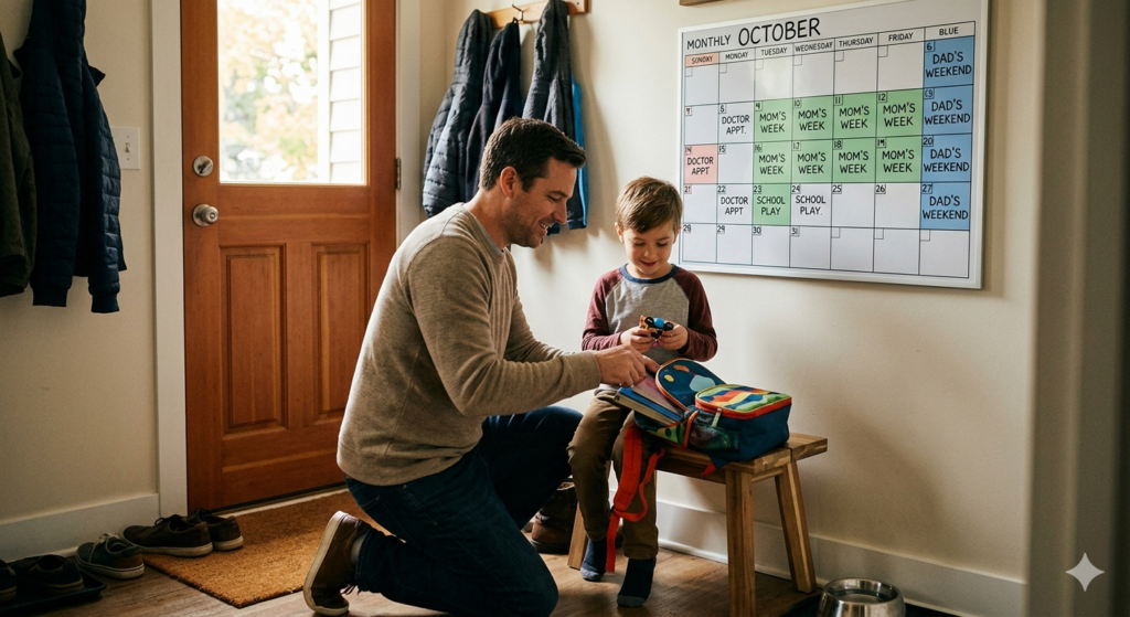 A parent and child packing a backpack near a custody calendar, illustrating how parenting time affects child support calculations.