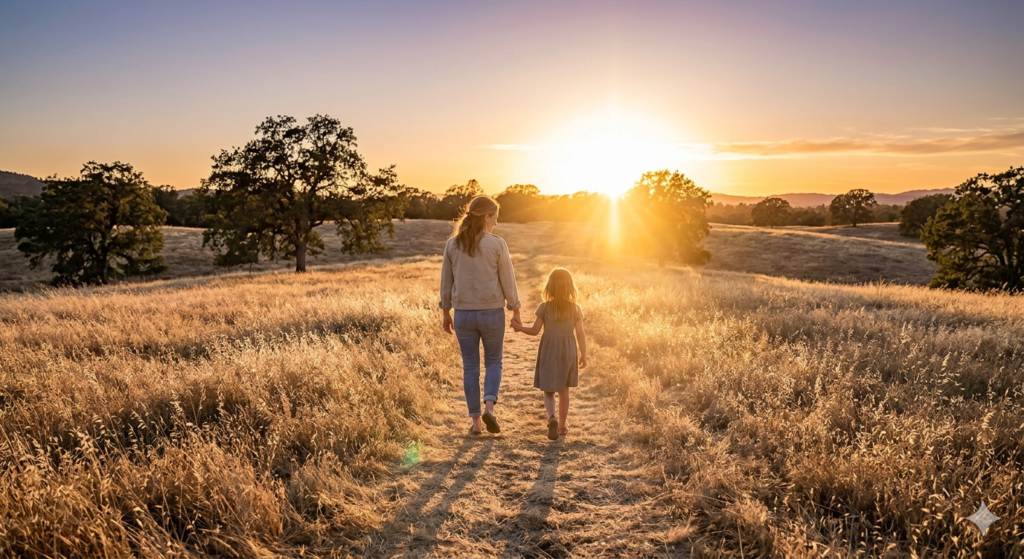A parent and child walking together in a sunny park, symbolizing the peace of mind that comes with a resolved custody case.