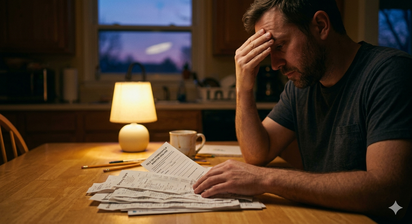 A parent reviewing bills and school papers at a kitchen table, representing the emotional and financial weight of child support in California.