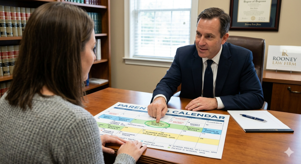 A parent and attorney reviewing a parenting calendar during a custody strategy session at the Rooney Law Firm.