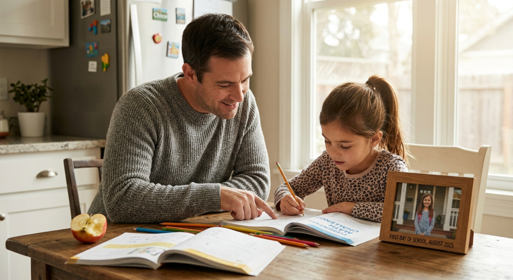 A parent helping a child with schoolwork, illustrating the daily "status quo" evidence used in California custody hearings.