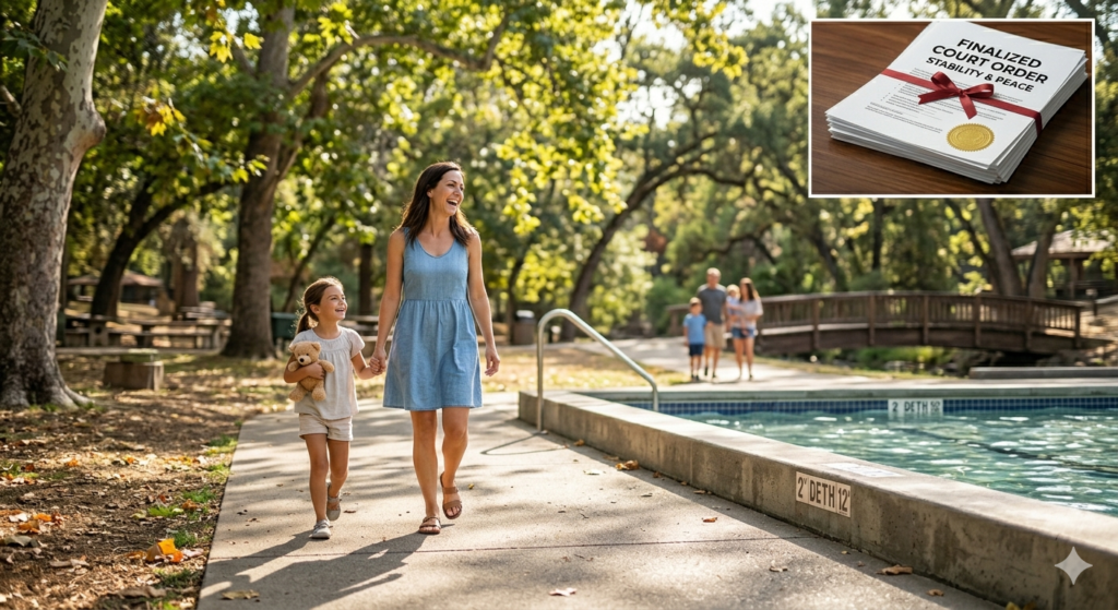 A happy parent and child walking in a Chico park, symbolizing the peace of mind that comes with a fair and finalized child support order.