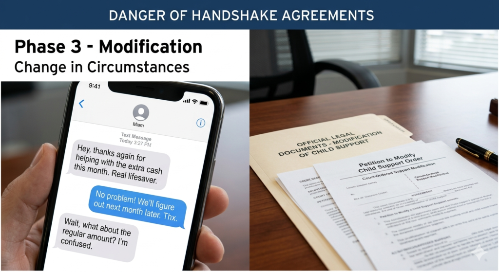 A smartphone and legal documents, symbolizing the transition from informal agreements to formal court-ordered support modifications.