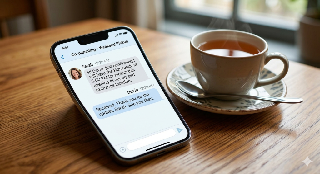 A smartphone showing professional text communication between parents, representing the BIFF method of co-parenting.