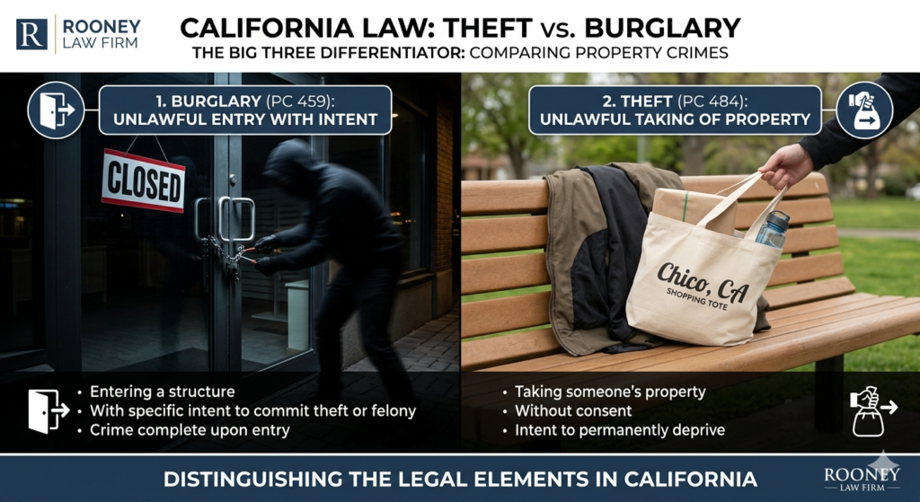 A visual comparison of a store entry and a stolen item, illustrating the legal difference between burglary and theft in California.