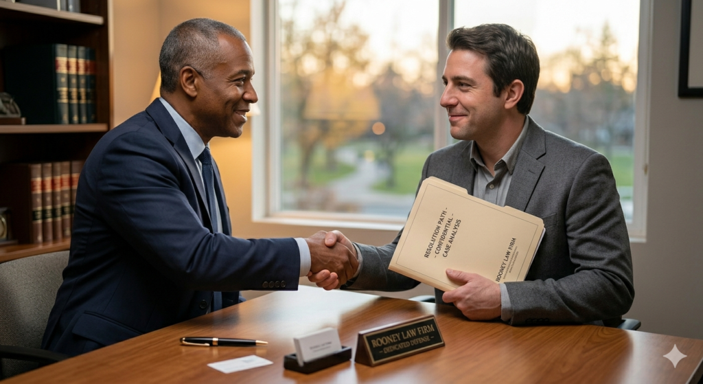 A criminal defense attorney in Chico shaking hands with a client, symbolizing a successful resolution to property crime charges.