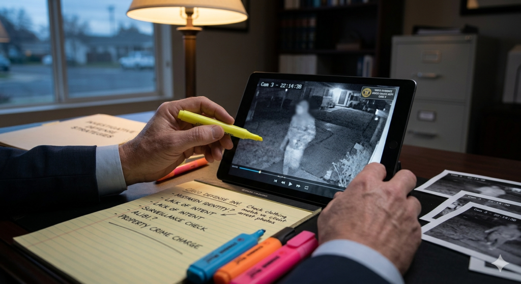 A Chico defense lawyer examining surveillance footage to challenge a property crime charge.