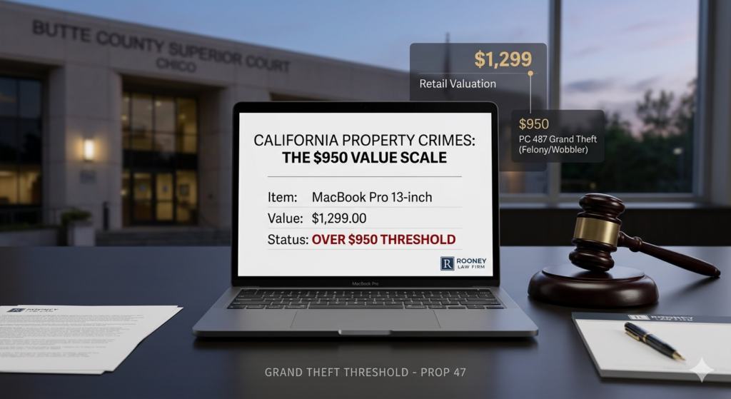 A laptop next to a judge's gavel, representing the $950 threshold that separates petty theft from grand theft in California.
