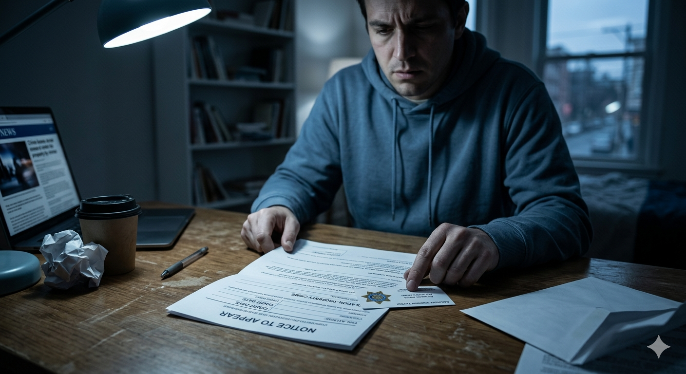A person reviewing a California court notice, representing the stress and uncertainty of facing property crime charges.