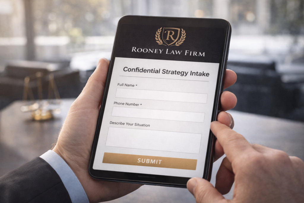 A tablet displaying a confidential intake form for a lie detector test at the Rooney Law Firm in Chico.