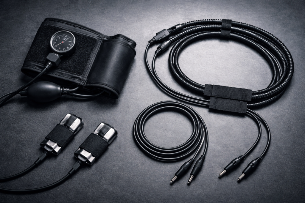 Physical polygraph sensors including a blood pressure cuff and respiration tubes used to measure autonomic body reactions.