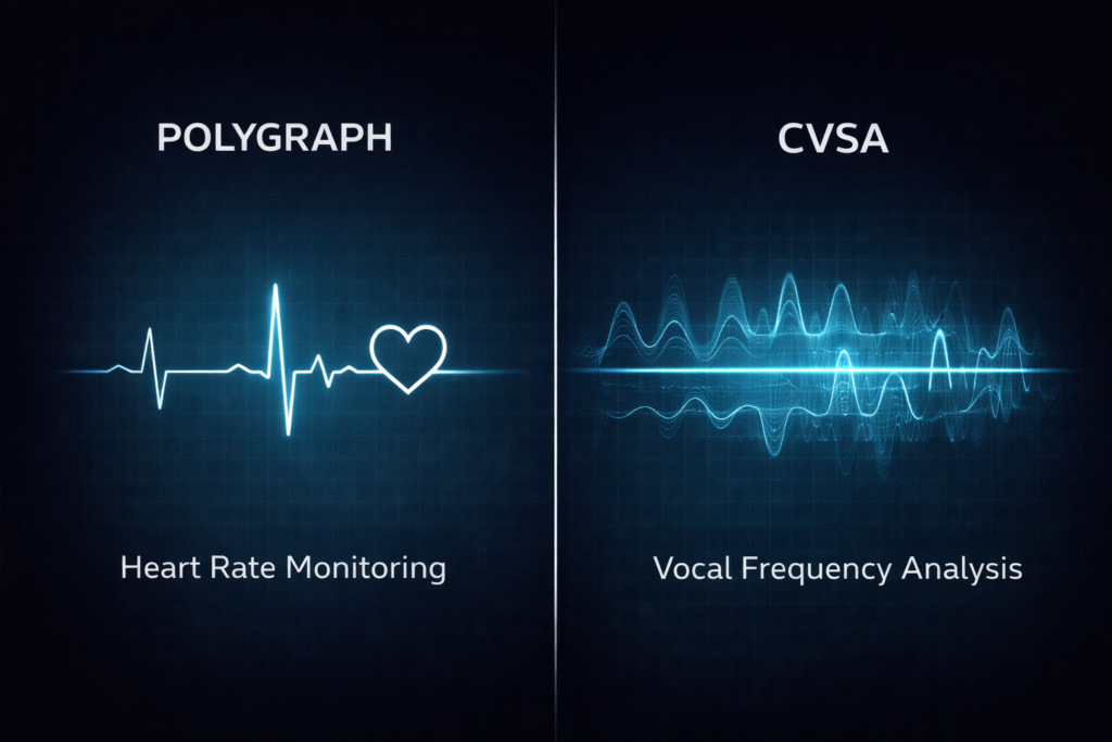 A comparison graphic showing the difference between physiological heart rate monitoring and vocal frequency analysis.
