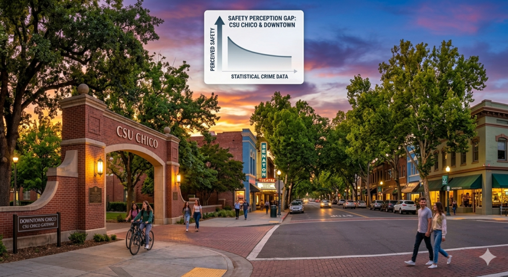 A calm evening view of Downtown Chico, illustrating the gap between public safety perception and statistical crime data.