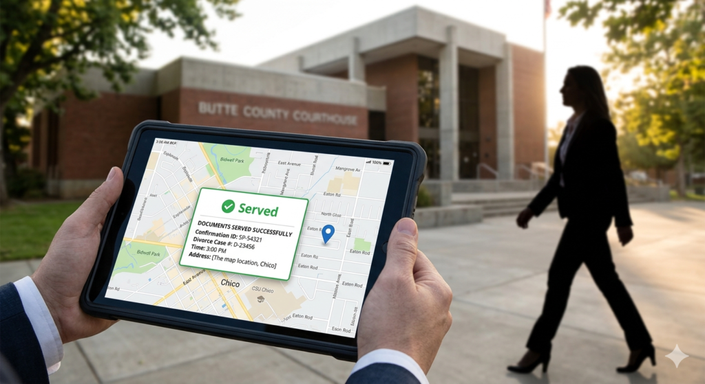A process server’s tablet showing a "Served" confirmation map, representing the successful service of divorce papers on an evasive spouse.