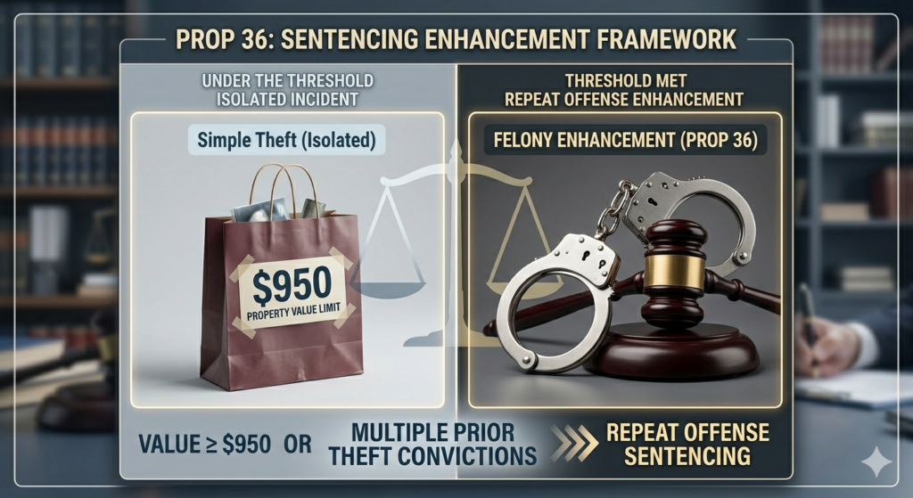 A visual representation of the $950 threshold in California law, showing how Proposition 36 affects sentencing for repeat theft offenses.