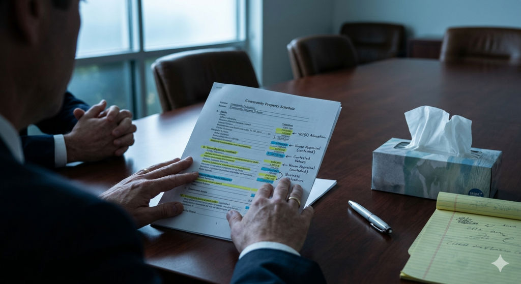 Hands on a conference table with complex property division documents, symbolizing the financial and emotional challenges of a contested divorce.