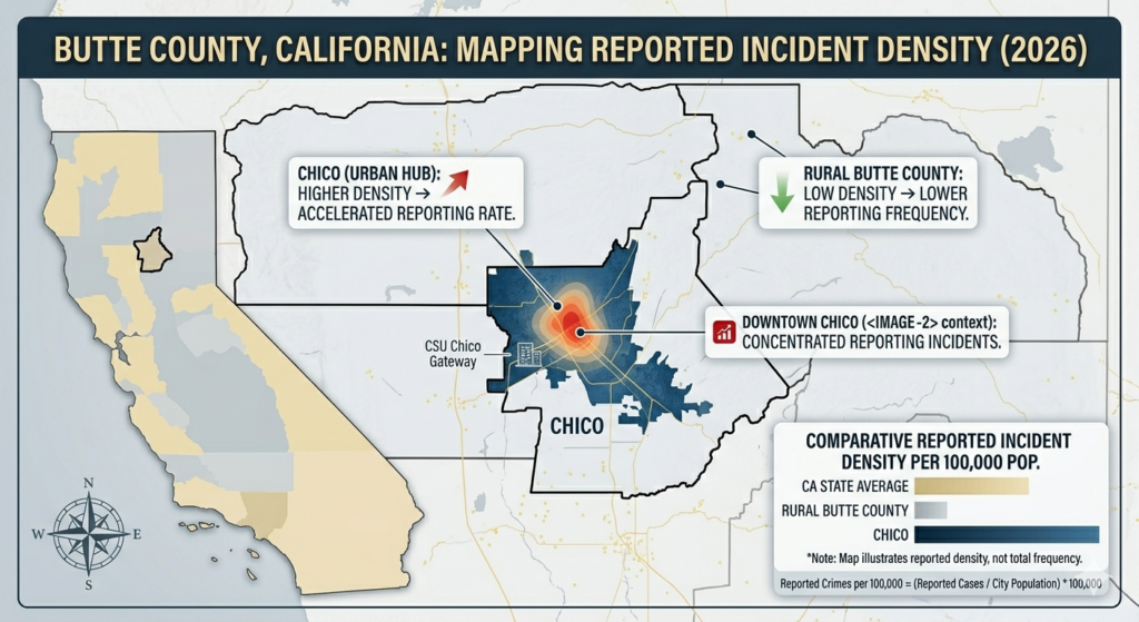 A comparative map showing crime density in Chico vs. rural Butte County and the California state average.