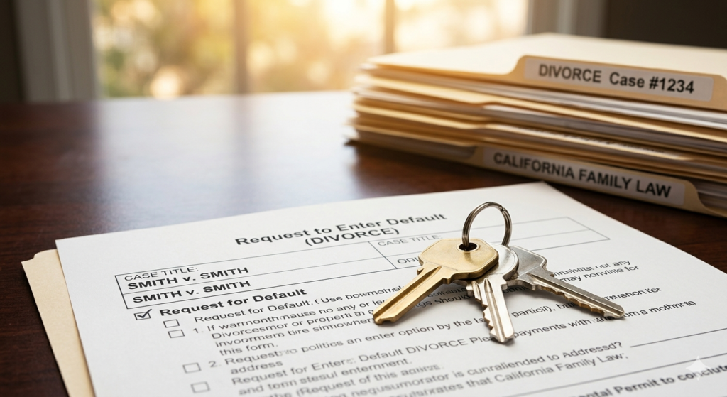 A close-up of keys and a default divorce form, symbolizing taking control and moving forward without the spouse's consent.