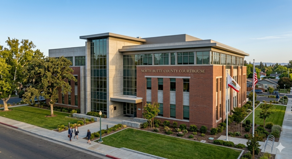 The North Butte County Courthouse in Chico, the primary location for local property and society crime cases.
