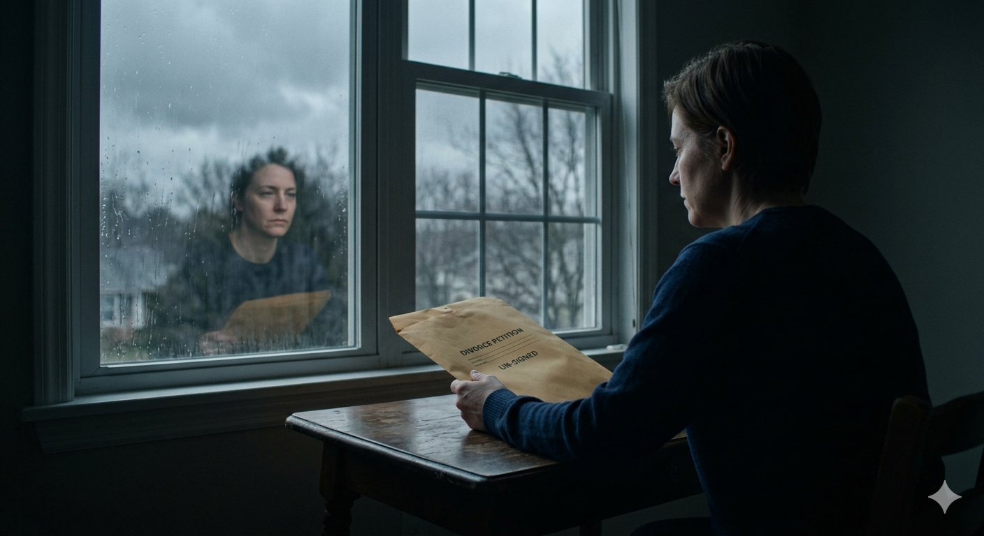 A person sitting alone at a table holding un-signed divorce papers, symbolizing the emotional roadblock of a spouse refusing to cooperate.