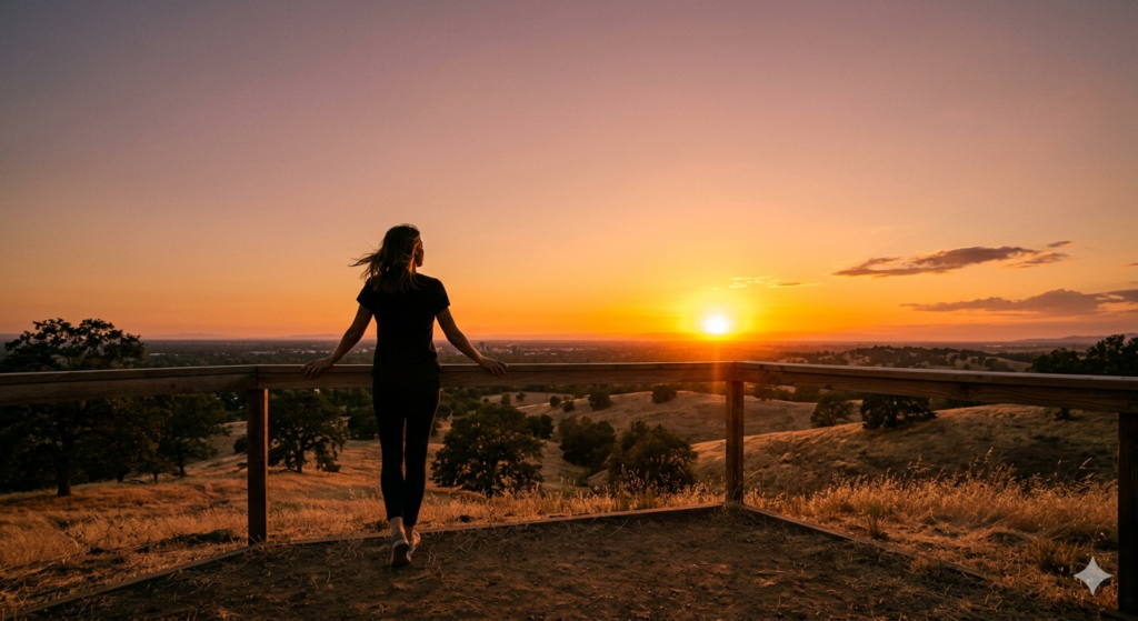 A silhouette of a person looking at the sunset over the Chico horizon, symbolizing the peace and independence achieved after finalizing a contested divorce.