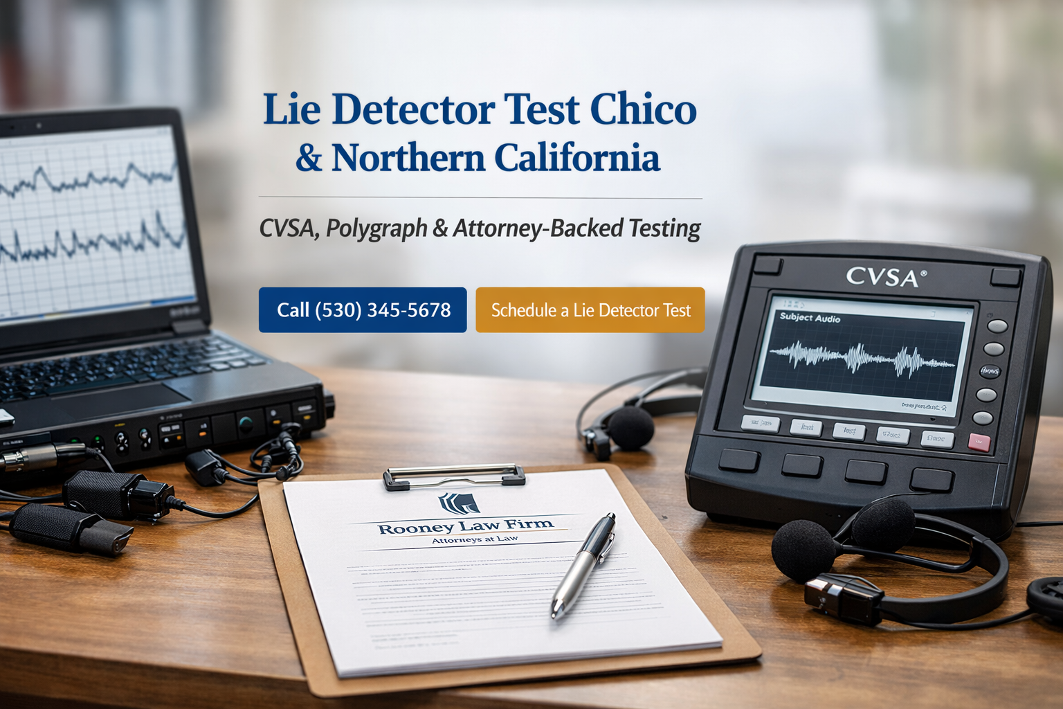 Chico Lie Detection - Rooney Law CVSA machine on a desk in a Chico CA lawyers office, Rooney Law Firm