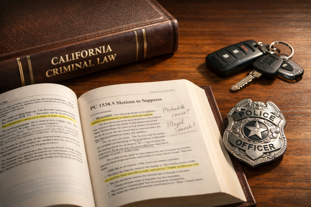 A close-up of a California criminal law book open to suppression motion rules, with keys and a badge nearby.