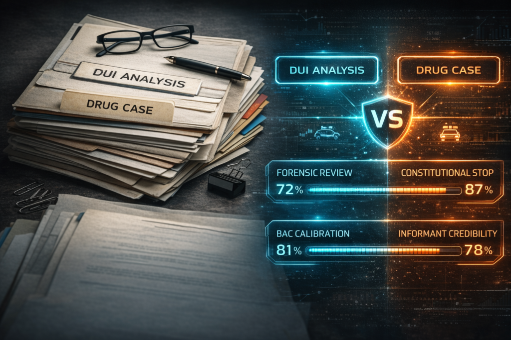 An infographic comparing how defense strategy adapts for different charges, like DUI and drug offenses.