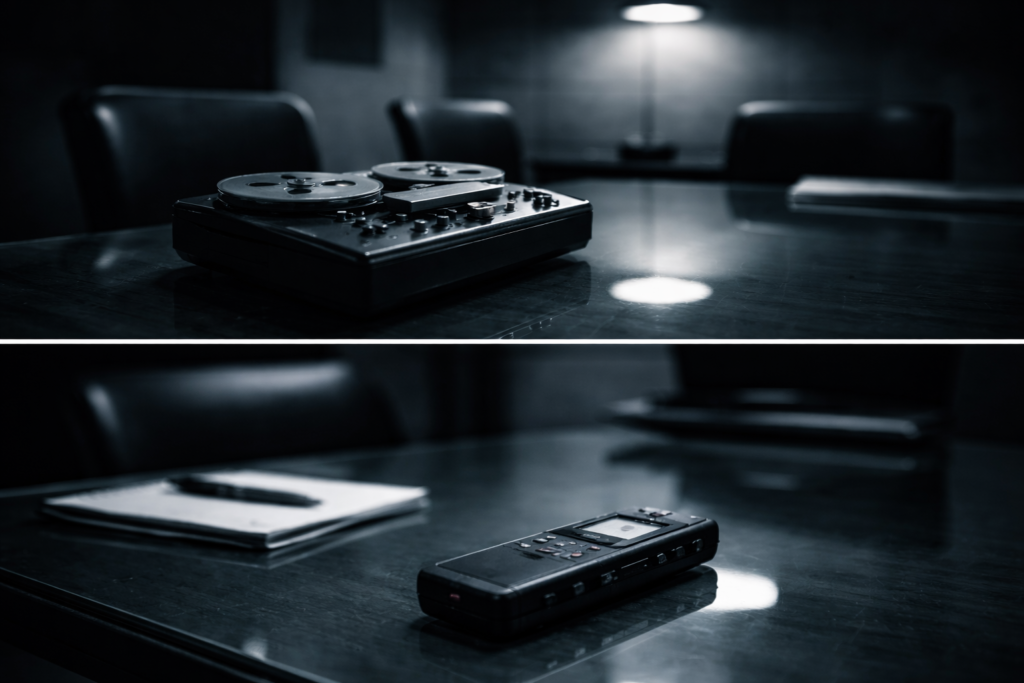 A dramatic close-up of a digital recorder on a table, symbolizing the review of interview statements for linguistic stress.