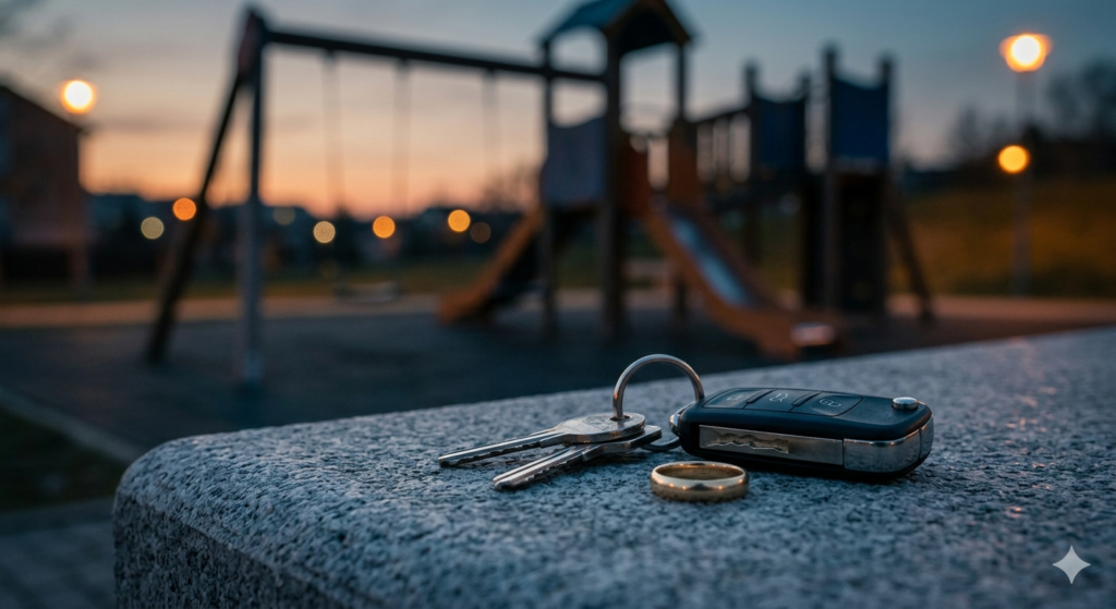A blurred playground in the background with keys and a ring in the foreground, symbolizing the personal stakes of a sex crime allegation.