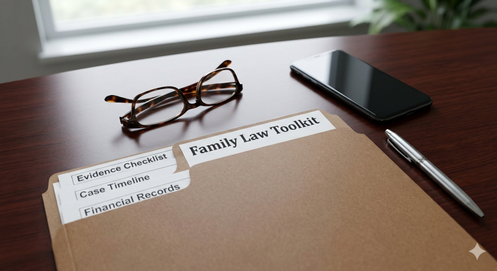 An organized legal folder and glasses on a desk, representing the shift from emotional stress to a tactical legal strategy.