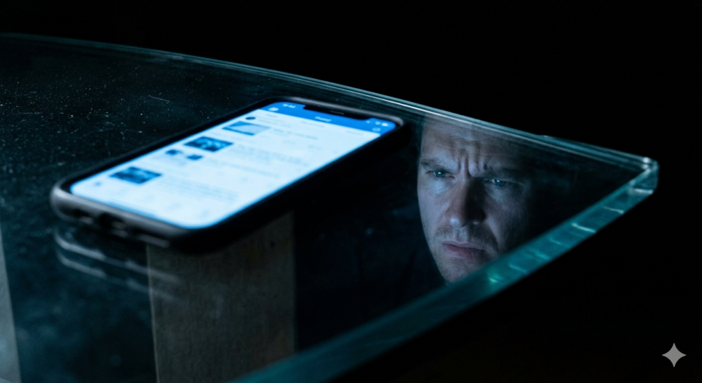 A smartphone screen glowing in a dark room, reflecting a worried face, symbolizing the stress of digital evidence and device seizures.