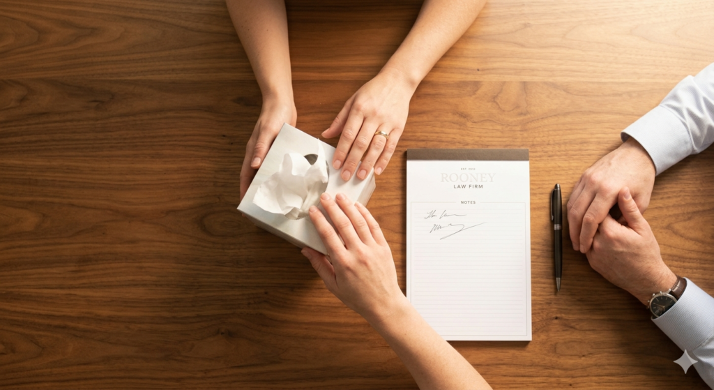 Hands on a table with a notepad and tissues, representing the empathetic and collaborative approach of a family lawyer.