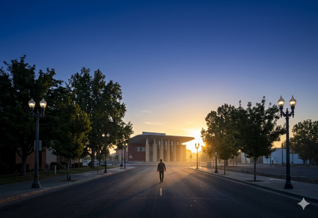 The sun rising over a Chico street near the courthouse, symbolizing hope and a path forward after a legal crisis.