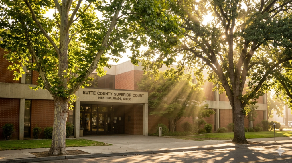 The exterior of the Butte County courthouse in Chico, grounding the legal process in the local community.