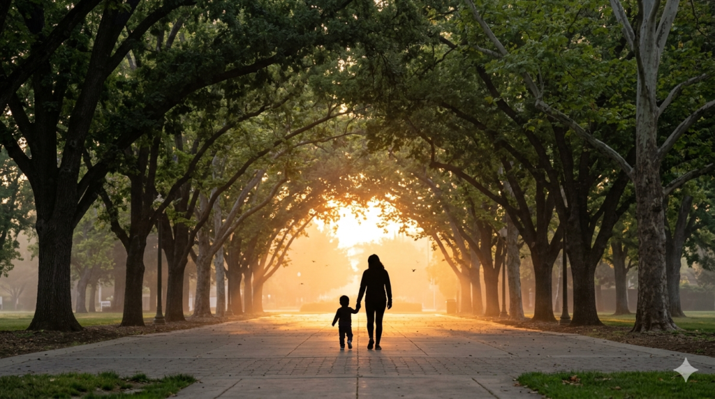 A silhouette of a person walking toward the light on a tree-lined Chico street, symbolizing a successful resolution and a brighter future.