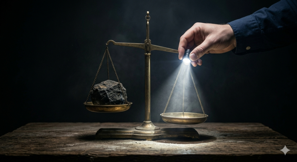 A brass scale in a dark room with a hand placing light on one side, representing the fight to balance the scales of justice in a credibility dispute.